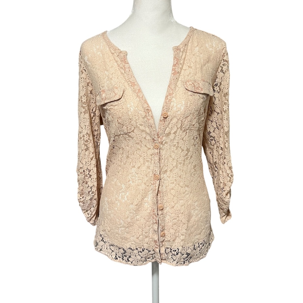 New York & Company Lace Blouse Button Down Long Sleeve Top Feminine Medium